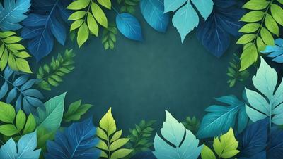 The primary subject of the image is a green background with a variety of leaves and plants. The setting is a dark, leafy forest, and the visual style is a combination of digital art and illustration. The dominant colors are green and blue, creating a calm and serene atmosphere.