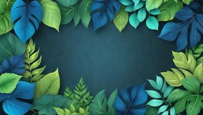 The primary subject of the image is a green and blue background with a variety of green leaves and a few blue leaves. The setting is a dark green background, which creates a contrast with the lighter green and blue leaves. The visual style is a combination of digital art and illustration, giving the image a unique and artistic appearance. The colors and mood of the image are predominantly green and blue, with a touch of dark green, creating a serene and natural atmosphere.