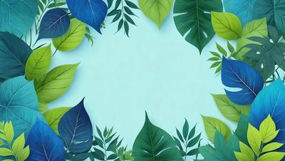 The primary subject of the image is a circle with a blue background. The circle is surrounded by a variety of green leaves, creating a visually appealing and natural scene. The leaves are arranged in different positions, giving the impression of a leafy forest or a lush green garden. The overall atmosphere of the image is serene and calming, with the blue background and the abundance of green leaves creating a sense of tranquility and harmony with nature.