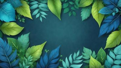 The primary subject of the image is a large, blue, leaf-filled circle. The setting is a dark blue background, which creates a contrast with the vibrant green leaves. The visual style is a combination of digital art and illustration, giving the image a unique and artistic appearance. The dominant colors are blue and green, creating a calm and serene atmosphere.