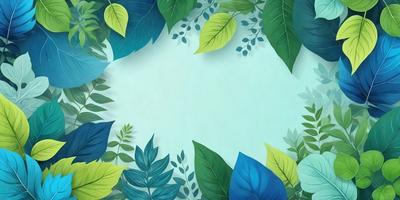 The primary subject of the image is a large, empty circle with a blue background. The circle is surrounded by a variety of green leaves, creating a visually appealing and natural scene. The leaves are arranged in different positions, with some overlapping and others standing alone. The overall atmosphere of the image is serene and calming, with the blue background and green leaves providing a sense of tranquility.