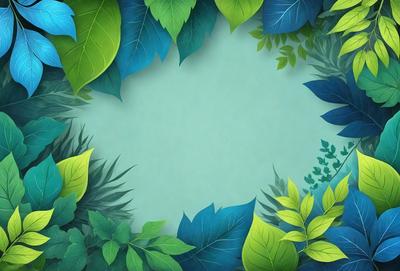 The primary subject of the image is a green circle with a blue background. The setting is a forest, with leaves surrounding the circle. The visual style is a combination of digital art and illustration, creating a vibrant and lush atmosphere. The dominant colors are green and blue, with the green circle and blue background providing a sense of freshness and tranquility.