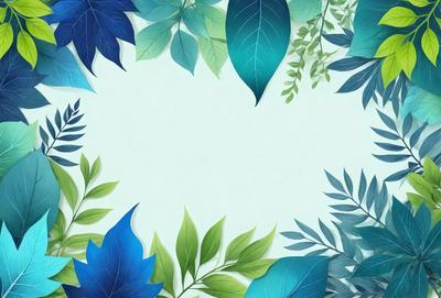 The primary subject of the image is a collection of leaves, which are the main objects in the scene. The leaves are displayed in various shades of blue, green, and yellow, creating a vibrant and lively atmosphere. The setting is a white background, which provides a clean and uncluttered environment for the leaves to be showcased. The visual style of the image is a combination of digital art and illustration, with the leaves being depicted in a detailed and realistic manner. The overall mood of the image