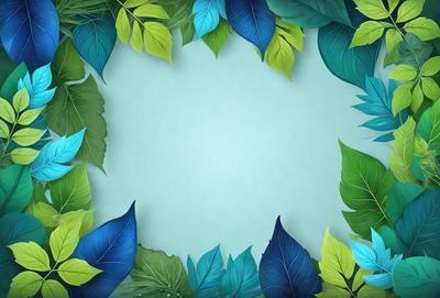 The primary subject of the image is a blue circle with green leaves surrounding it. The circle appears to be a blank canvas, possibly for an art project or a design element. The setting is a blue background, which complements the green leaves and blue circle. The visual style is a combination of digital art and illustration, creating a vibrant and lively atmosphere. The colors and mood of the image are predominantly blue and green, with a touch of yellow, giving it a fresh and natural feel.