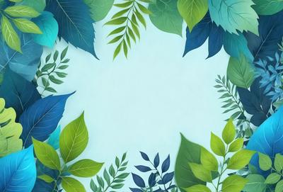 The primary subject of the image is a blue background with a variety of green leaves and branches. The leaves are arranged in a pattern, creating a visually appealing and natural scene. The setting appears to be a painting or digital artwork, as the colors and mood are predominantly blue and green, giving the image a calm and serene atmosphere.