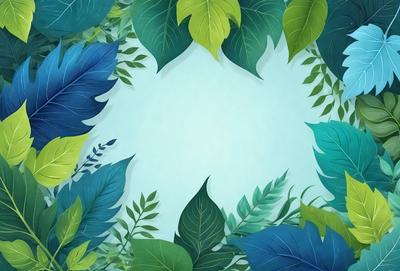 The primary subject of the image is a green leafy plant with a blue background. The plant is surrounded by other green leaves, creating a lush and vibrant scene. The visual style of the image is a combination of digital art and illustration, with the leaves and background appearing to be digitally rendered. The colors and mood of the image are predominantly green and blue, giving it a calm and serene atmosphere.