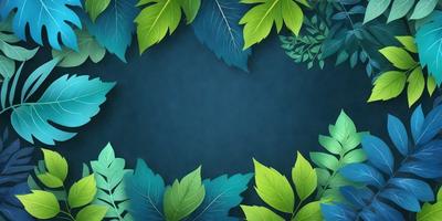 The primary subject of the image is a blue background with green leaves and a circle. The leaves are scattered across the background, creating a lush and vibrant atmosphere. The visual style of the image is a combination of digital art and illustration, with the leaves and circle being the main focus. The colors and mood of the image are predominantly green and blue, giving it a calm and serene appearance.