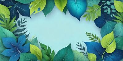 The primary subject of the image is a large green leaf, which is the main object, scene, or focus of the image. The leaf is prominently displayed in the foreground, covering a significant portion of the image. The setting or background consists of a blue surface, which adds a contrasting color to the scene. The visual style of the image is a combination of photo and digital art, creating a realistic yet artistic representation of the leaf. The colors and mood of the image are predominantly green, with a touch