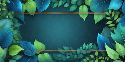 The primary subject of the image is a blue background with green leaves and a gold border. The setting is a green background with a leaf pattern, and the visual style is a digital art or illustration. The colors and mood of the image are predominantly blue, green, and gold, creating a calm and serene atmosphere.