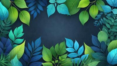 The primary subject of the image is a collection of leaves, which are the main objects in the scene. The leaves are displayed in various shades of green, blue, and yellow, creating a vibrant and lively atmosphere. The setting is a dark blue background, which contrasts with the bright colors of the leaves. The visual style of the image is a combination of digital art and illustration, with the leaves being depicted in a detailed and realistic manner. The overall mood of the image is one of freshness and natural