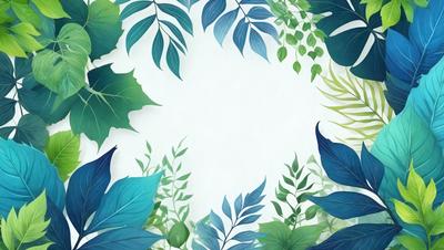 The primary subject of the image is a collection of green leaves and plants. The setting is a white background, which provides a clean and minimalist appearance. The visual style is a combination of digital art and illustration, creating a vibrant and lively atmosphere. The dominant colors are green, blue, and white, which contribute to a calming and natural mood.
