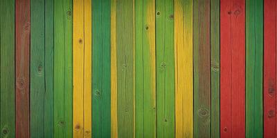 The primary subject of the image is a wooden plank with a colorful striped pattern. The setting is a wooden wall, and the visual style is a close-up of the wooden plank. The dominant colors are green, yellow, and red, creating a vibrant and lively atmosphere.