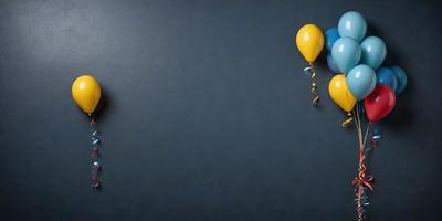 The primary subject of the image is a wall with two balloons on it. The balloons are blue and yellow, and they are placed on the wall. The setting is a dark room, and the visual style is a photo. The colors and mood of the image are dark and moody, with the blue and yellow balloons being the main focus.
