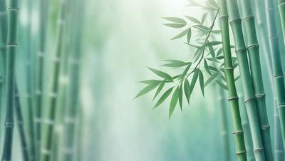 The primary subject of the image is a bamboo plant with green leaves. The setting is a green background, which creates a natural and serene atmosphere. The visual style is a photo, capturing the beauty of the bamboo plant in its natural environment. The colors and mood of the image are predominantly green, reflecting the lush and vibrant nature of the plant.