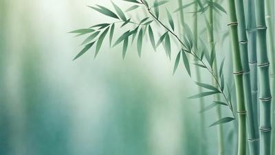 The primary subject of the image is a close-up of a leafy plant, possibly a bamboo plant, with a green background. The visual style appears to be a photo, and the colors and mood are predominantly green, creating a serene and natural atmosphere.