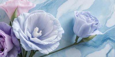 The primary subject of the image is a pair of blue flowers, which are the main focus of the scene. The flowers are placed on a blue marble surface, which serves as the setting or background. The visual style of the image is a close-up of the flowers, showcasing their details and colors. The dominant colors in the image are blue and white, creating a calm and serene atmosphere.