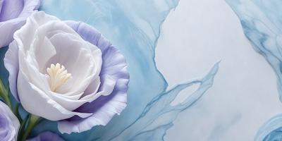 The primary subject of the image is a white rose with purple petals, sitting on a marble surface. The setting is a white and blue marble wall, which serves as the background. The visual style is a close-up of the rose, showcasing its details. The colors and mood of the image are predominantly white and purple, creating a serene and elegant atmosphere.