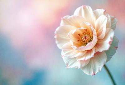 The primary subject of the image is a white flower with a yellow center, sitting in a blue and pink background. The visual style of the image is a photo, and the dominant colors are white, blue, and pink. The overall atmosphere of the image is serene and beautiful.