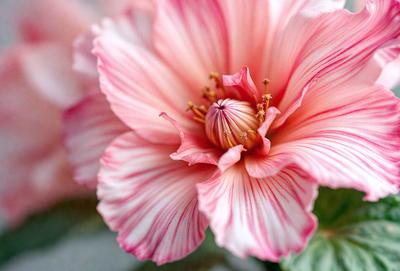 The primary subject of the image is a large, pink flower with a yellow center. The flower is the main focus of the image, and it is set against a backdrop of green leaves. The visual style of the image is a close-up of the flower, showcasing its details and colors. The dominant colors in the image are pink and yellow, creating a warm and vibrant atmosphere.