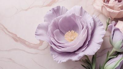 The primary subject of the image is a purple flower with a yellow center, which is placed on a marble surface. The setting appears to be a room with a wall, and the visual style is a close-up of the flower. The dominant colors in the image are purple and yellow, creating a calm and serene atmosphere.