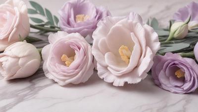 The primary subject of the image is a bouquet of three white flowers. The flowers are arranged in a vase, which is placed on a marble surface. The setting appears to be a natural environment, with the flowers being the main focus of the image. The visual style is a close-up of the flowers, showcasing their details and beauty. The colors and mood of the image are predominantly white, giving it a clean and elegant appearance.