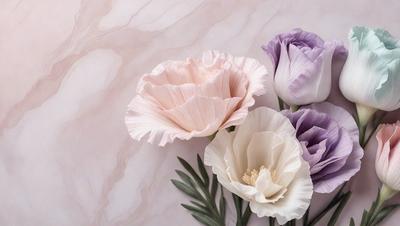 The primary subject of the image is a bouquet of three different colored flowers, including purple, pink, and white. The flowers are arranged in a vase, which is placed on a marble surface. The setting appears to be a studio or a carefully arranged display, as the flowers are the main focus of the image. The visual style is a close-up of the flowers, showcasing their details and colors. The overall atmosphere is elegant and sophisticated, with the marble surface adding a touch of luxury