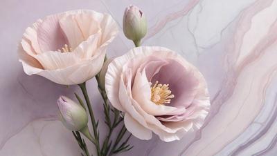 The primary subject of the image is a bouquet of three white flowers, each with a yellow center, arranged in a vase. The flowers are placed on a marble surface, which serves as the setting and background of the scene. The visual style of the image is a close-up of the flowers, showcasing their details and beauty. The dominant colors in the image are white and yellow, creating a clean and fresh atmosphere.