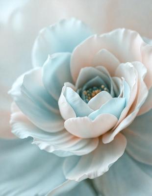 The primary subject of the image is a beautiful, large, and colorful flower. The flower is the main focus of the image, and it is displayed in a vibrant blue and white color scheme. The setting is a white background, which provides a clean and minimalist look to the image. The visual style is a close-up of the flower, showcasing its intricate details and textures. The colors and mood of the image are lively and cheerful, with the blue and white hues creating a sense of