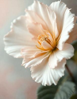 The primary subject of the image is a white flower with a yellow center, sitting on a pink surface. The setting appears to be a garden or a similar outdoor environment. The visual style of the image is a close-up of the flower, showcasing its details and beauty. The dominant colors in the image are white and pink, creating a soft and delicate atmosphere.