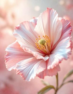 The primary subject of the image is a pink flower with a yellow center, which is the main focus of the image. The setting is a pink background, which adds to the overall mood of the image. The visual style is a close-up of the flower, showcasing its details. The colors and mood of the image are predominantly pink and soft, creating a sense of warmth and beauty.