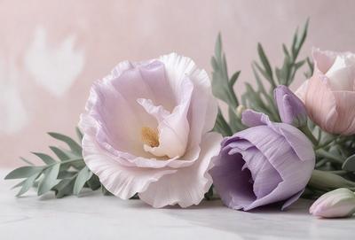 The primary subject of the image is a bouquet of purple and white flowers. The flowers are arranged in a vase, which is placed on a table. The setting is a room with a pink wall in the background. The visual style of the image is a photo, capturing the beauty of the flowers in their natural environment. The dominant colors in the image are purple and white, creating a serene and calming atmosphere.