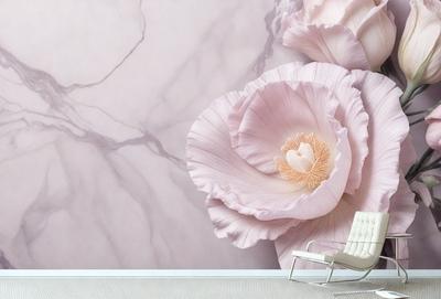 The primary subject of the image is a large, pink flower with a heart-shaped center, which is displayed on a wall. The setting is a room with a chair positioned in front of the wall, creating a cozy and inviting atmosphere. The visual style of the image is a combination of digital art and illustration, with the flower being the focal point and the chair adding a touch of realism to the scene. The dominant colors in the image are pink and white, giving the scene a warm and pleasant m