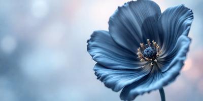 The primary subject of the image is a blue flower with a yellow center. The setting is a close-up of the flower, with a background of a blue sky. The visual style is a photo, capturing the beauty of the flower in its natural environment. The dominant colors are blue and yellow, creating a serene and calming atmosphere.