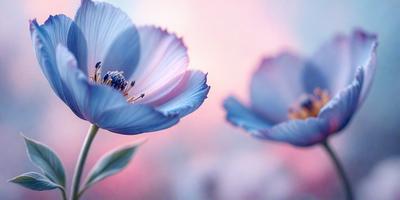 The primary subject of the image is a close-up of a blue flower with a yellow center. The setting is a pink background, which adds a contrasting color to the scene. The visual style is a photo, capturing the beauty of the flower in detail. The dominant colors are blue and pink, creating a serene and calming atmosphere.