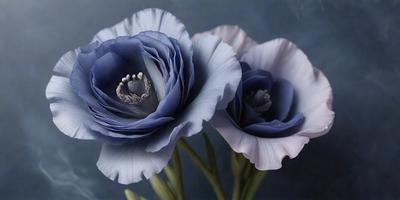 The primary subject of the image is a pair of blue flowers, which are the main focus of the scene. The flowers are placed in a vase, and they are surrounded by a blue background. The visual style of the image is a close-up of the flowers, showcasing their details and beauty. The colors and mood of the image are predominantly blue, creating a calm and serene atmosphere.