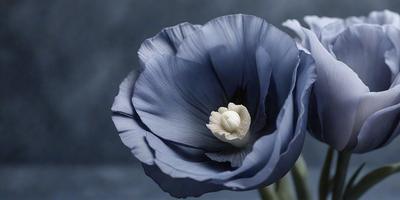 The primary subject of the image is a single blue flower with a white center, sitting on a gray surface. The visual style of the image is a close-up of the flower, showcasing its details. The colors in the image are predominantly blue and white, creating a calm and serene atmosphere.
