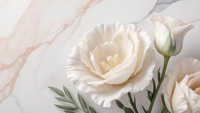The primary subject of the image is a white flower, which is the main focus of the scene. The flower is placed on a marble surface, which serves as the setting or background. The visual style of the image is a close-up of the flower, showcasing its details and texture. The colors in the image are predominantly white, giving the scene a clean and elegant atmosphere.