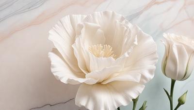 The primary subject of the image is a white flower, which is the main focus of the scene. The flower is placed against a marble background, giving the image a sophisticated and elegant appearance. The visual style of the image is a close-up of the flower, showcasing its details and beauty. The colors in the image are predominantly white, which creates a clean and serene atmosphere.