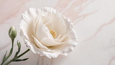 The primary subject of the image is a white flower, which is the main focus of the scene. The flower is placed on a marble surface, which serves as the setting or background. The visual style of the image is a close-up of the flower, showcasing its details and texture. The colors in the image are predominantly white, giving the scene a clean and elegant atmosphere.