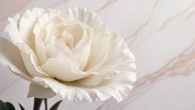 The primary subject of the image is a white flower, which is the main focus of the scene. The flower is placed against a marble background, giving the image a sophisticated and elegant appearance. The visual style of the image is a close-up of the flower, showcasing its details and beauty. The colors in the image are predominantly white, which creates a clean and serene atmosphere.