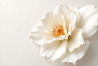 The primary subject of the image is a white flower with a yellow center, sitting on a white surface. The setting appears to be a white background, which creates a clean and minimalist look. The visual style of the image is a close-up of the flower, showcasing its details and beauty. The colors in the image are predominantly white and yellow, giving the scene a fresh and vibrant atmosphere.