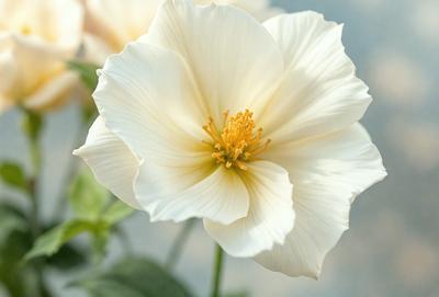 The primary subject of the image is a white flower with a yellow center. The flower is the main focus of the image, and it is set against a white background. The visual style of the image is a close-up of the flower, showcasing its details. The dominant colors in the image are white and yellow, creating a clean and fresh atmosphere.