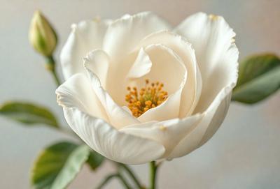 The primary subject of the image is a white flower with a yellow center, sitting on a stem. The setting is a close-up of the flower, with a background that includes a leaf. The visual style is a photo, capturing the beauty of the flower in detail. The dominant colors are white and yellow, creating a bright and cheerful atmosphere.