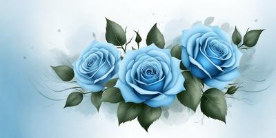 The primary subject of the image is a bouquet of three blue roses. The setting is a white background, which provides a clean and minimalist appearance. The visual style is a combination of digital art and illustration, creating a realistic and detailed representation of the flowers. The colors and mood of the image are predominantly blue, which gives the scene a calm and serene atmosphere.