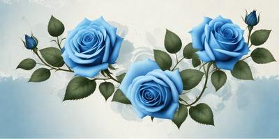 The primary subject of the image is a bouquet of three blue roses. The setting is a white background, which provides a clean and minimalist appearance. The visual style is a combination of photo and digital art, creating a realistic yet artistic representation of the flowers. The colors and mood of the image are predominantly blue, which gives it a calm and serene atmosphere.