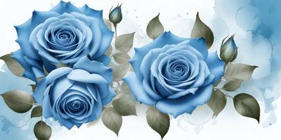 The primary subject of the image is a bouquet of blue roses. The setting is a white background, which provides a clean and minimalist appearance. The visual style is a digital art or illustration, as the roses are depicted in a detailed and realistic manner. The colors and mood of the image are predominantly blue, creating a calm and serene atmosphere.