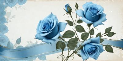 The primary subject of the image is a bouquet of blue roses. The setting is a white background, which provides a clean and elegant appearance. The visual style is a combination of photo and digital art, creating a realistic yet artistic representation of the flowers. The colors and mood of the image are predominantly blue, which gives it a calm and serene atmosphere.