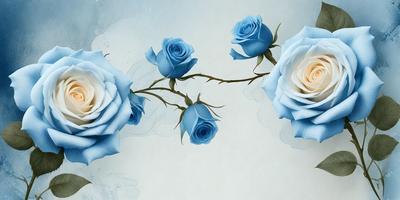 The primary subject of the image is a bouquet of blue roses. The setting is a white background, which creates a clean and minimalist appearance. The visual style is a combination of photo and digital art, as the blue roses are depicted in a realistic manner, while the white background adds a touch of digital artistry. The colors and mood of the image are predominantly blue, which gives it a calm and serene atmosphere.