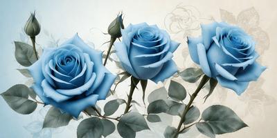 The primary subject of the image is a bouquet of three blue roses. The setting is a white background, which provides a clean and minimalist appearance. The visual style is a painting, which adds a sense of artistic expression and depth to the image. The dominant colors are blue and white, creating a serene and calming atmosphere.