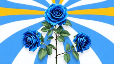 The primary subject of the image is a bouquet of three blue roses. The setting is a blue background, which adds a vibrant and lively atmosphere to the scene. The visual style is a combination of photo and digital art, creating a realistic yet artistic representation of the flowers. The colors and mood are predominantly blue, which gives the image a calm and serene feel.